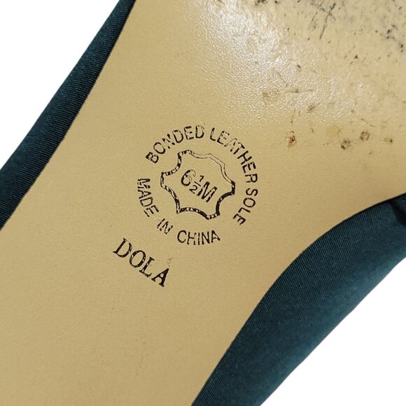 Vintage Laura Scott Green Satin Kitten Heel Shoes Size 6.5 With Button Detail - Picture 7 of 16